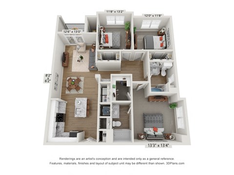 Floor plan for 3 beds, 2 baths, 1331 sqft